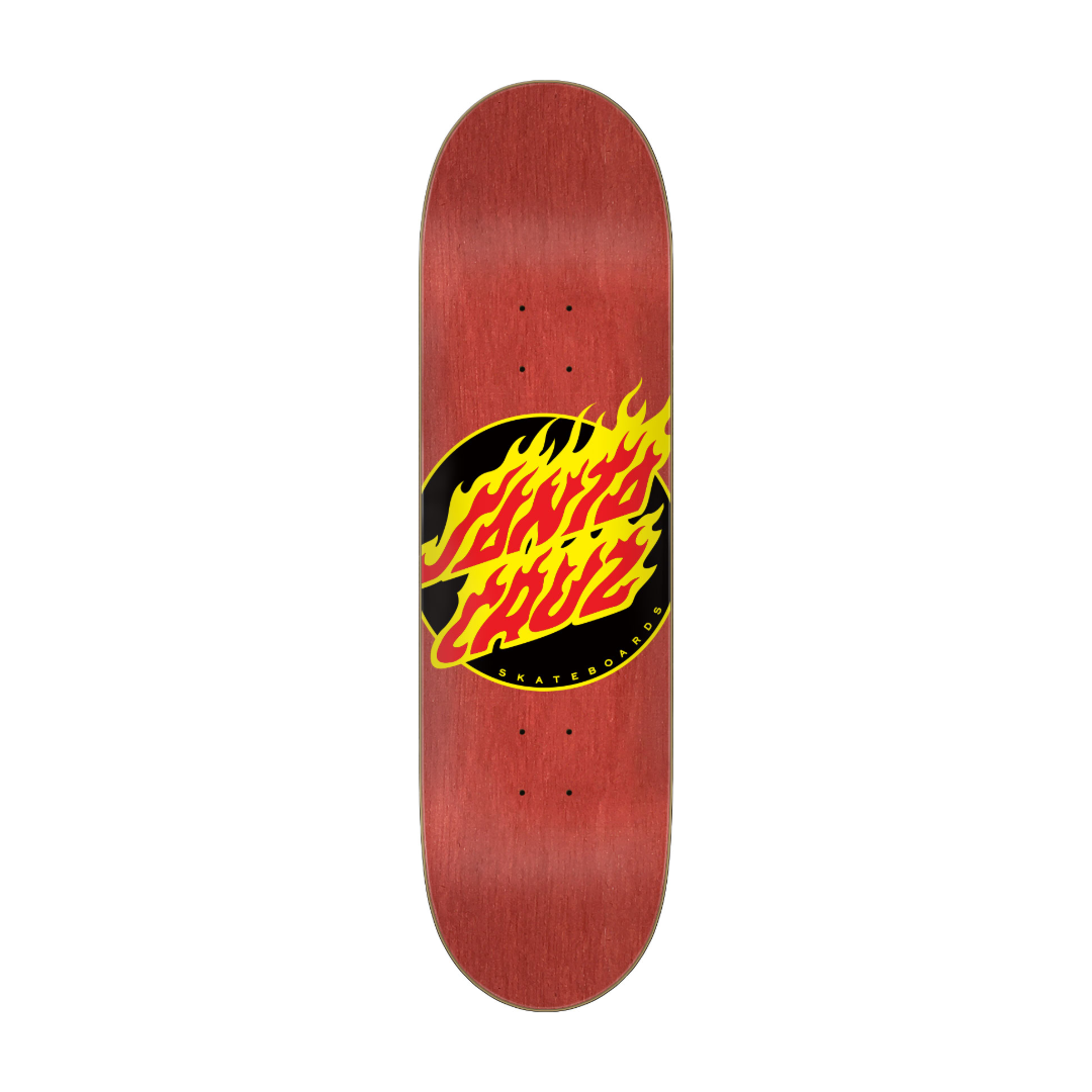 A Santa Cruz skateboard deck shown vertically against a solid white background, featuring the classic red wood grain finish with the iconic yellow and red flame logo on a black circle.