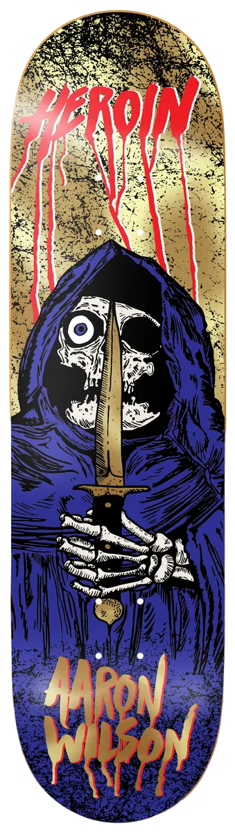 Skateboard deck with a graphic design of a skeleton holding a sword, text, and a brand name on a gold and blue background.