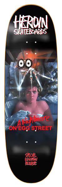 Heroin Skateboards skateboard deck with a graphic design featuring a woman and text.