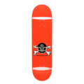 A bright orange skateboard deck with a black and white skull and crossbones graphic featuring the text 'MORVILLE' on the bottom, shown against a plain white background.