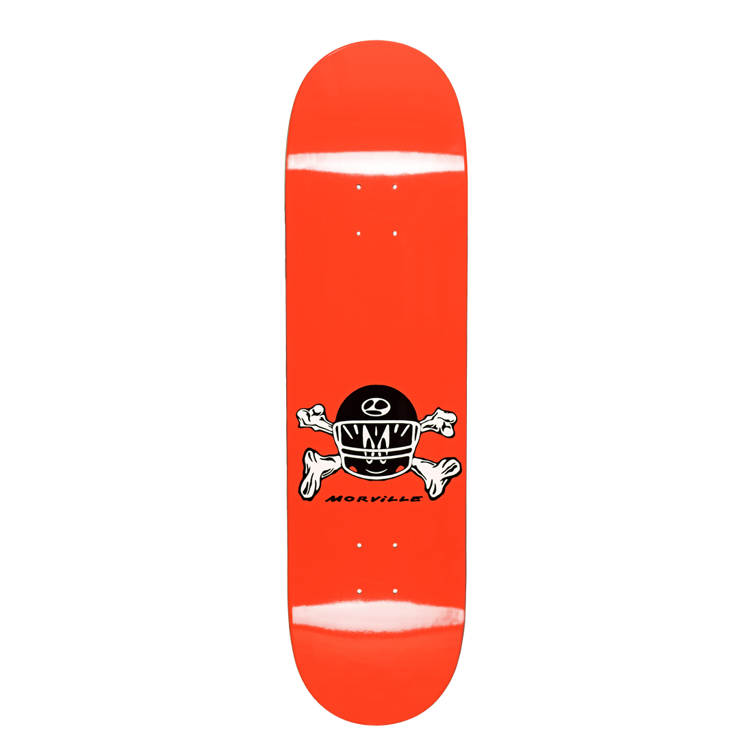 A bright orange skateboard deck with a black and white skull and crossbones graphic featuring the text 'MORVILLE' on the bottom, shown against a plain white background.