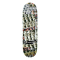 A skateboard deck featuring a dense collage print of vintage black-and-white photographs and small colorful movie-poster style images, shown against a plain white background.