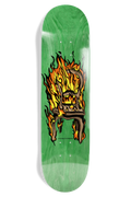 A green skateboard deck featuring a graphic illustration of a chair engulfed in flames, shown against a plain white background.
