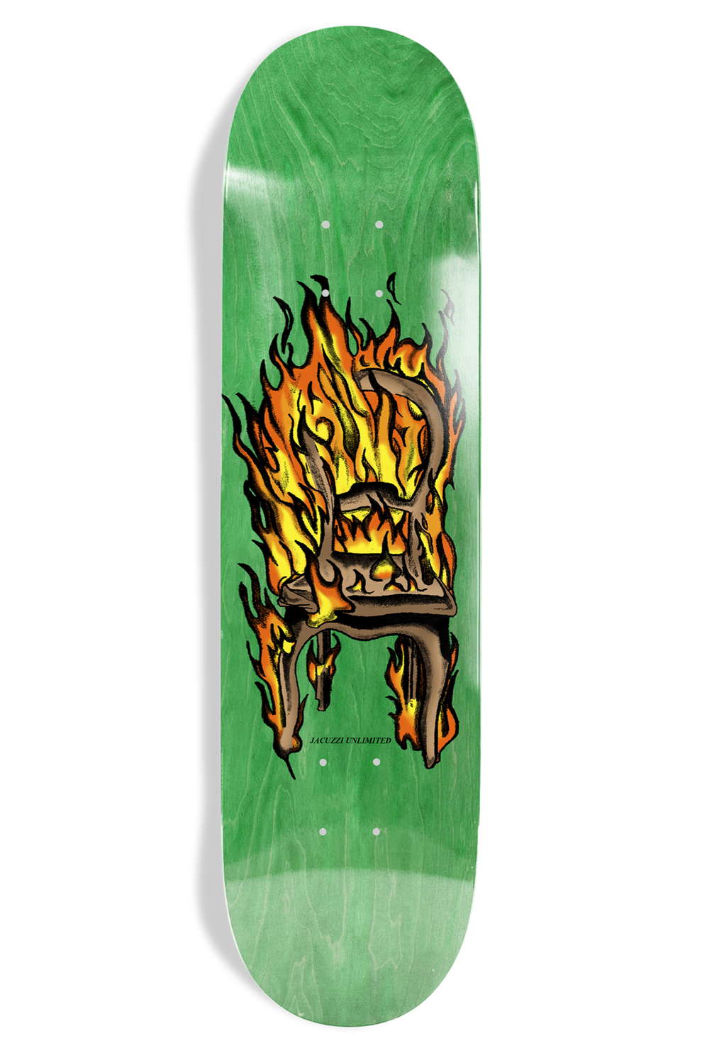 A green skateboard deck featuring a graphic illustration of a chair engulfed in flames, shown against a plain white background.