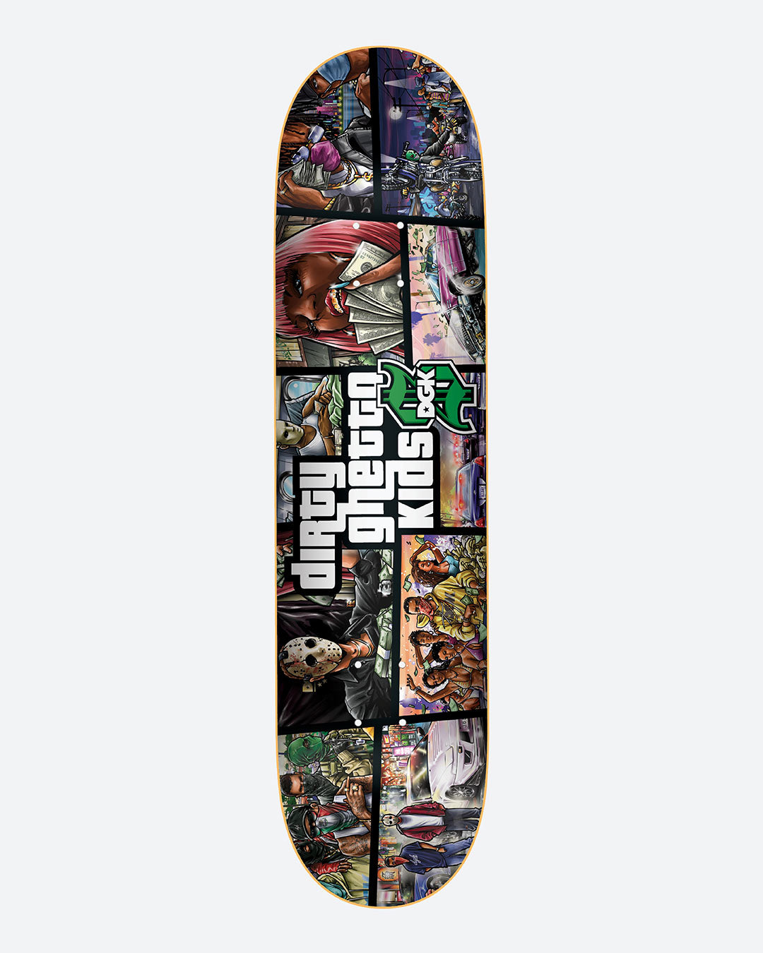 A skateboard deck featuring a highly detailed, multi-panel comic book illustration with the text 'SPEED RACING' and a green 'R' logo, shown against a plain light gray background.