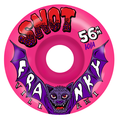 Pink skateboard wheel with purple text and a bat graphic on a white background