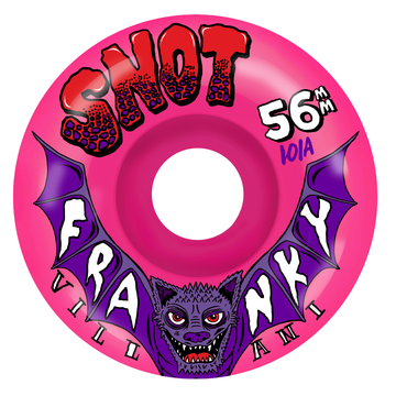 Pink skateboard wheel with purple text and a bat graphic on a white background