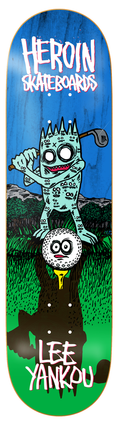 Skateboard deck with a cartoon character design and 'Heroin Skateboards' branding.