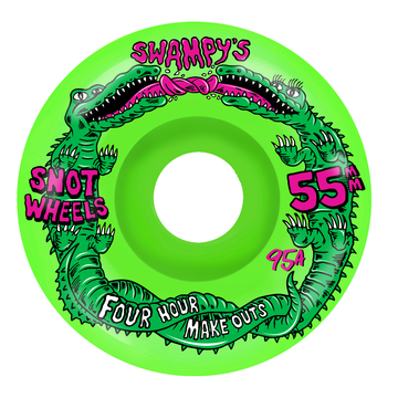 Green skateboard wheel with Swampy's Snot Wheels branding on a white background