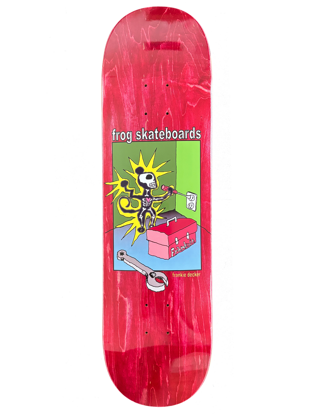 Red skateboard deck with a colorful graphic and 'frog skateboards' branding on a white background.