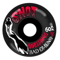 Skateboard wheel with red and white text on a black background