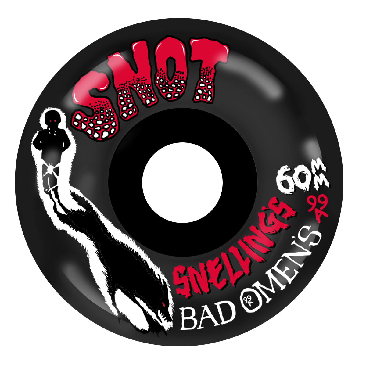 Skateboard wheel with red and white text on a black background