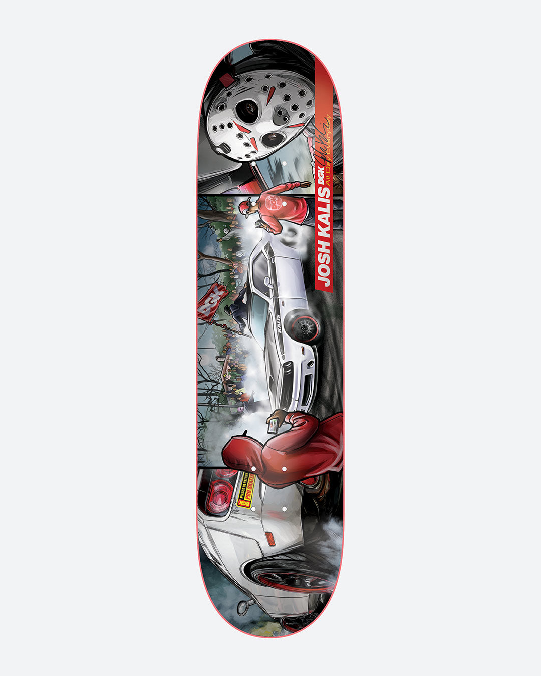 Skateboard deck with a graphic design of a car and a character on a white background