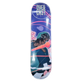 A skateboard deck featuring a graphic illustration of DOOM holding a glowing orange microphone, set against a dark blue and purple background with pink and teal accents. The brand name 'OVERCAST' is printed in a stylized font at the top.