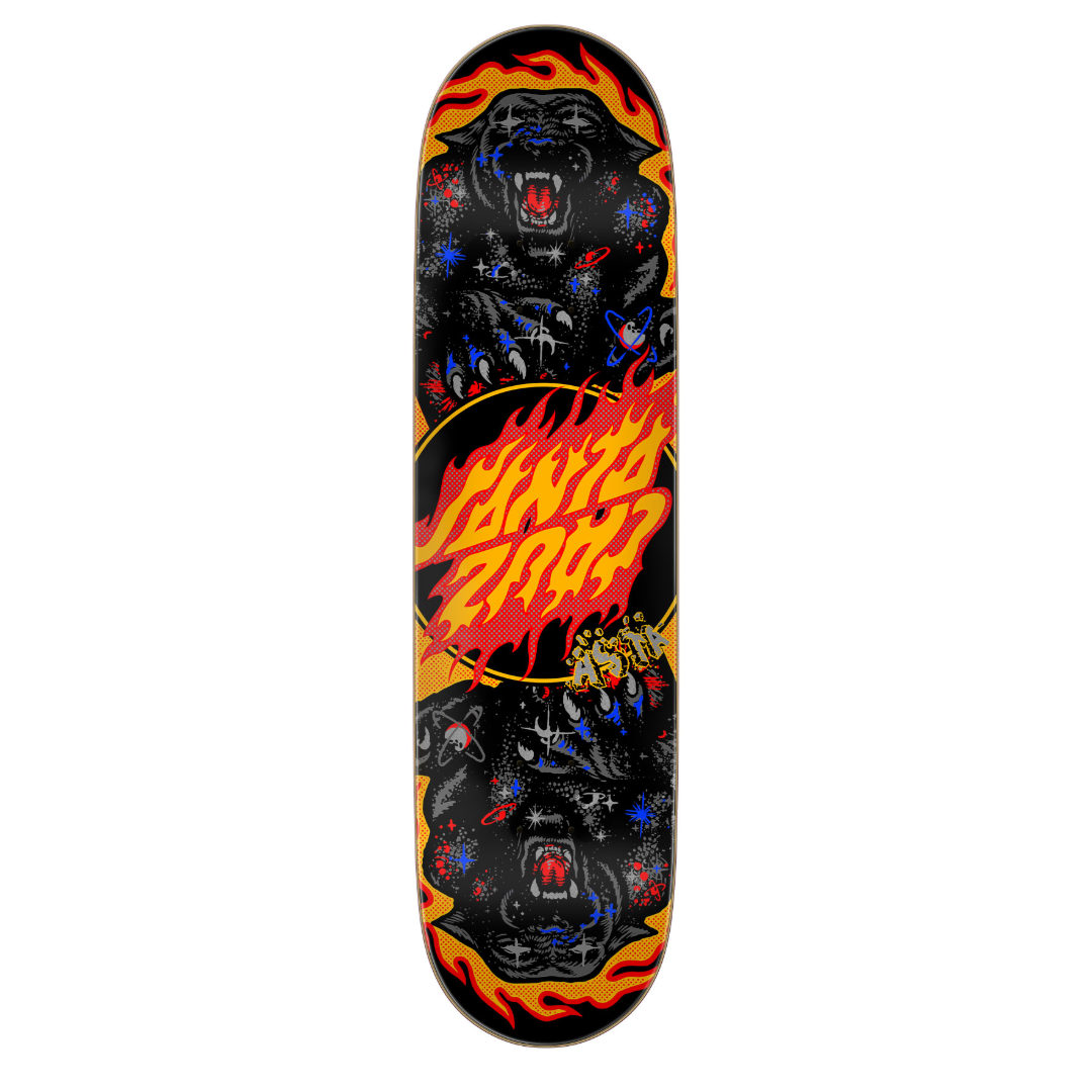 A Santa Cruz skateboard deck featuring a black background with two roaring panther illustrations and a large red, orange, and yellow flame-style Santa Cruz logo in the center.