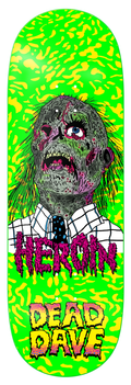 Skateboard deck with a zombie graphic and 'Heron' branding on a green background