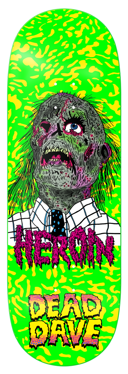 Skateboard deck with a zombie graphic and 'Heron' branding on a green background