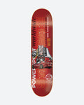 Red skateboard deck with graphics and text on a white background