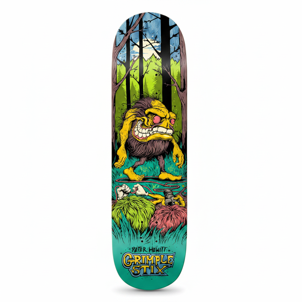 A skateboard deck featuring a colorful graphic illustration of a grumpy cartoon creature in a forest, with the text 'Peter Hewitt Grimple Stix' at the bottom.