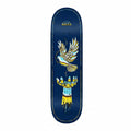 Skateboard deck with a design of a hand holding a dove on a blue background