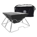 A black folding camp grill with a silver metal frame, shown with its black carrying bag behind it on a white background. The bag features a circular logo 