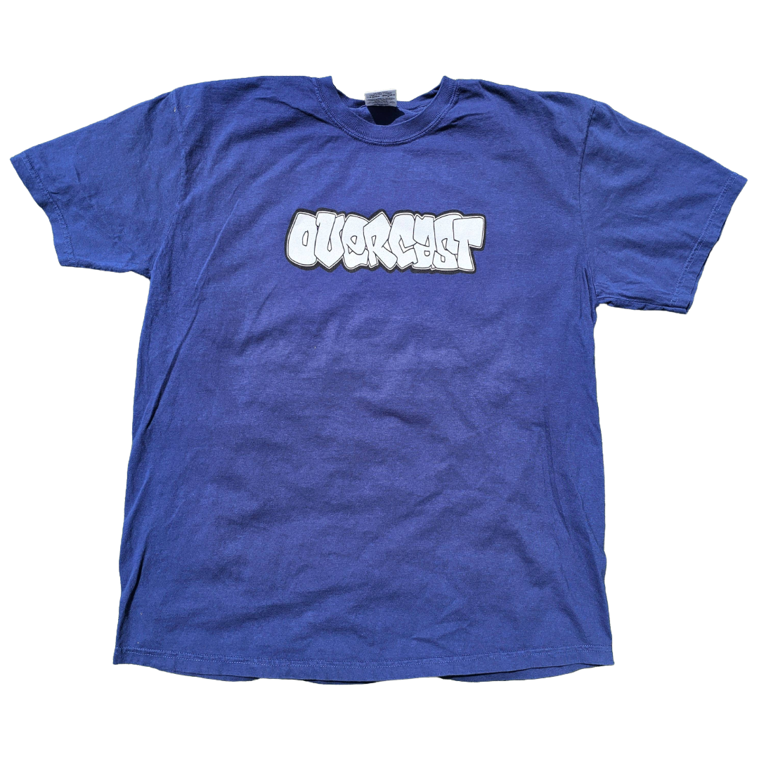 Blue t-shirt with 'Overcast' logo on a white background