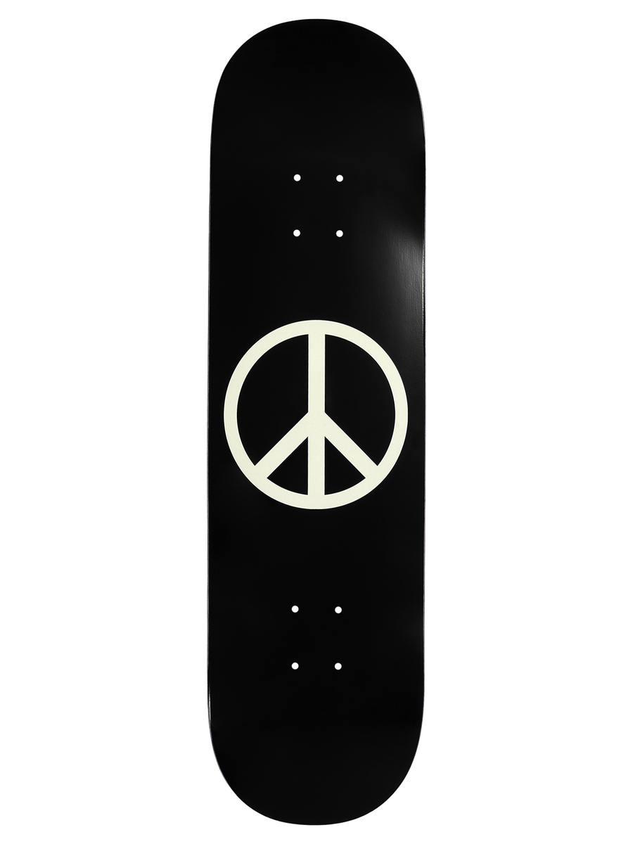 A black skateboard deck featuring a large white peace sign graphic in the center, shown against a plain white background.