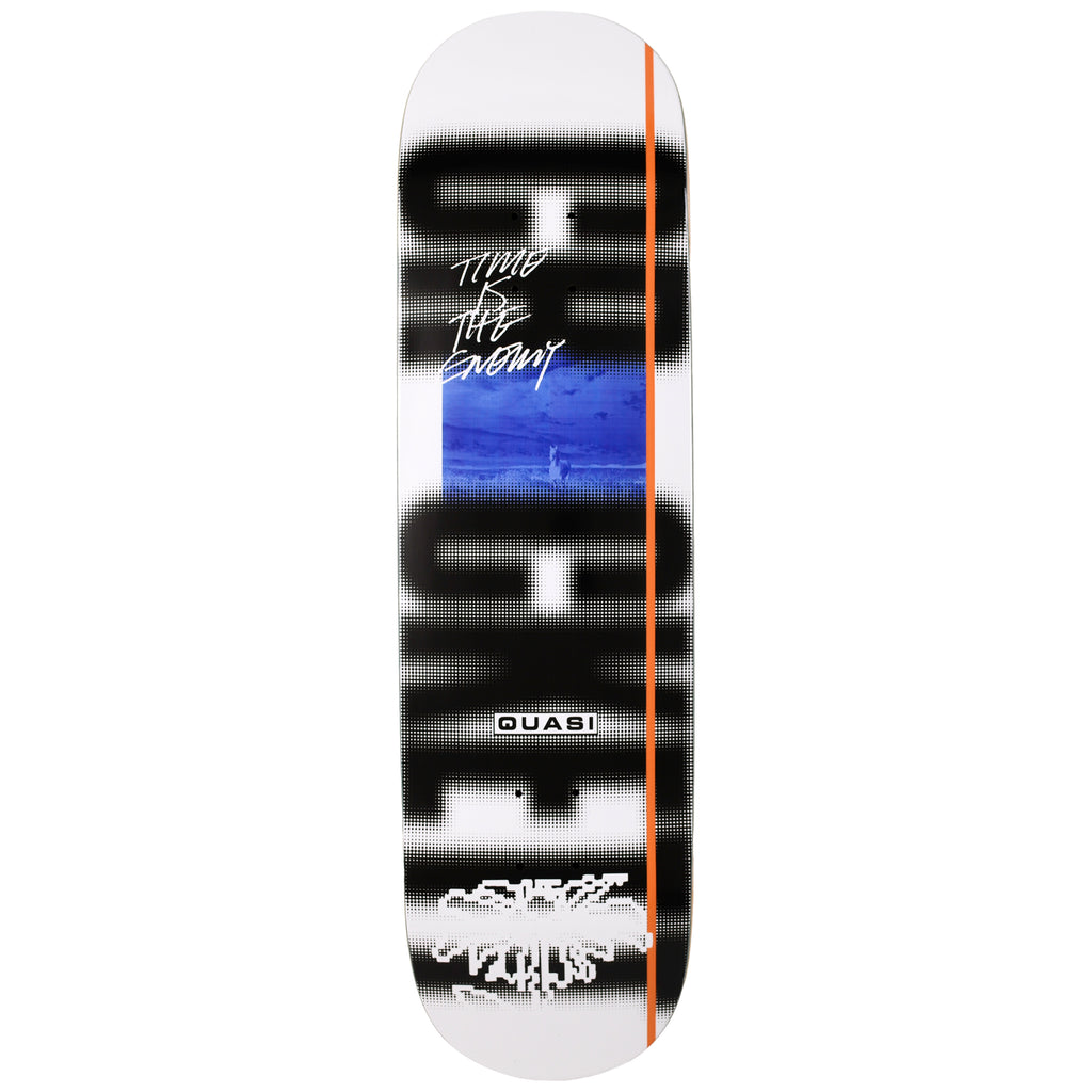 Skateboard deck with black and white design and 'Quasi' branding on a white background