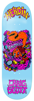 Colorful skateboard deck with graphics and text on a light blue background