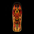 Dragon-themed skateboard deck with fiery design on a white background