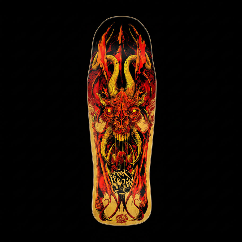 Dragon-themed skateboard deck with fiery design on a white background