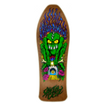 A skateboard deck with a natural wood-grain base featuring a colorful graphic of a green monster with blue flames, yellow eyes, and pink roses, on a plain white background.