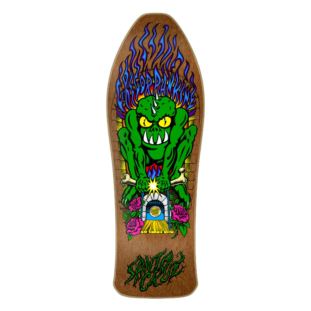 A skateboard deck with a natural wood-grain base featuring a colorful graphic of a green monster with blue flames, yellow eyes, and pink roses, on a plain white background.