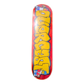 Skateboard deck with colorful graphics and text on a white background