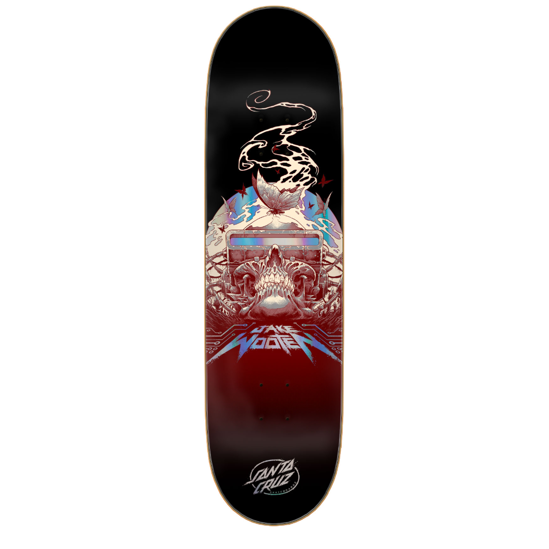 A Santa Cruz skateboard deck featuring a detailed graphic design with a snake, skull, and metallic red-to-black gradient background, with the Santa Cruz logo at the bottom.