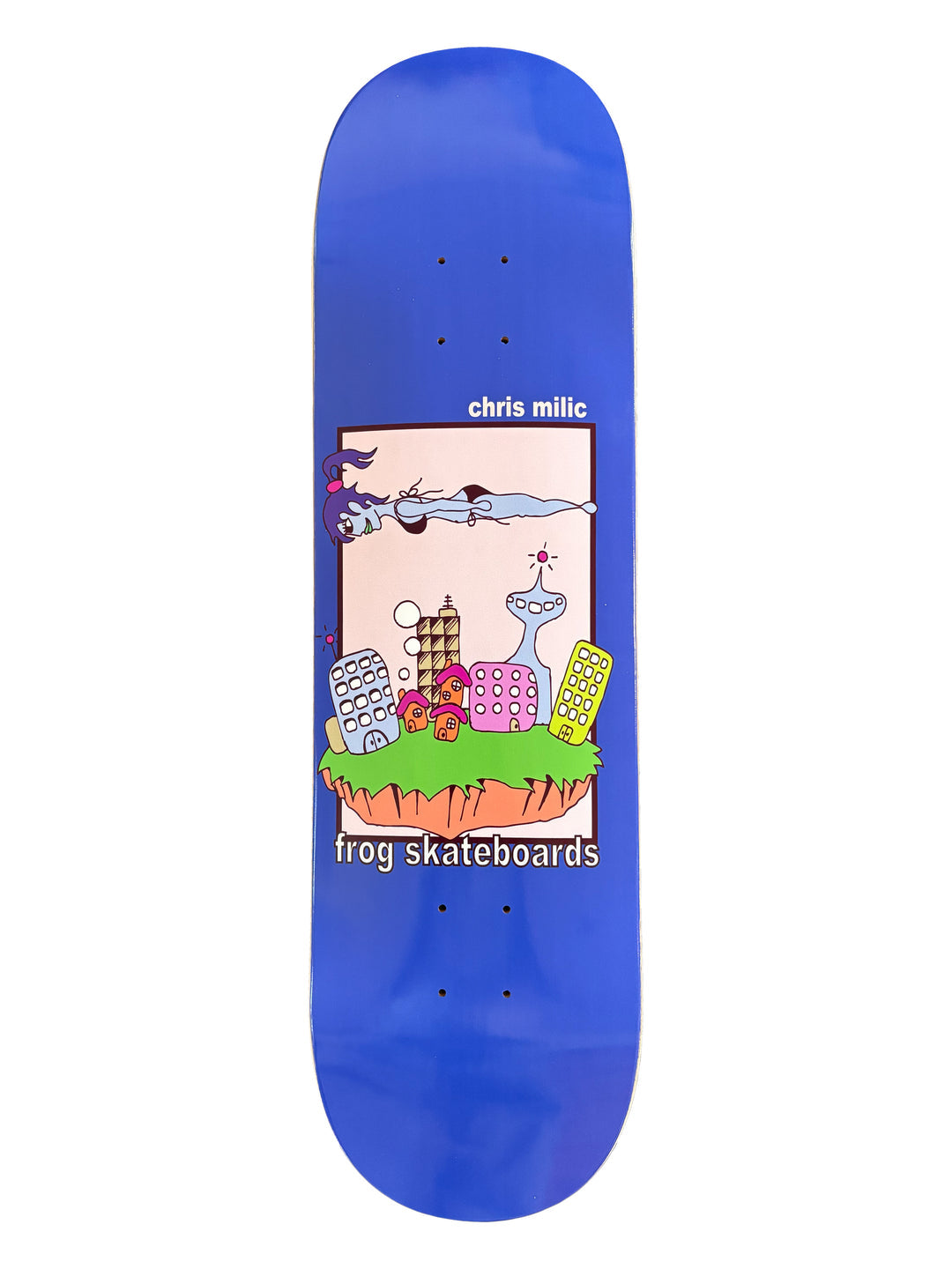 Blue skateboard deck with colorful graphic design on a white background