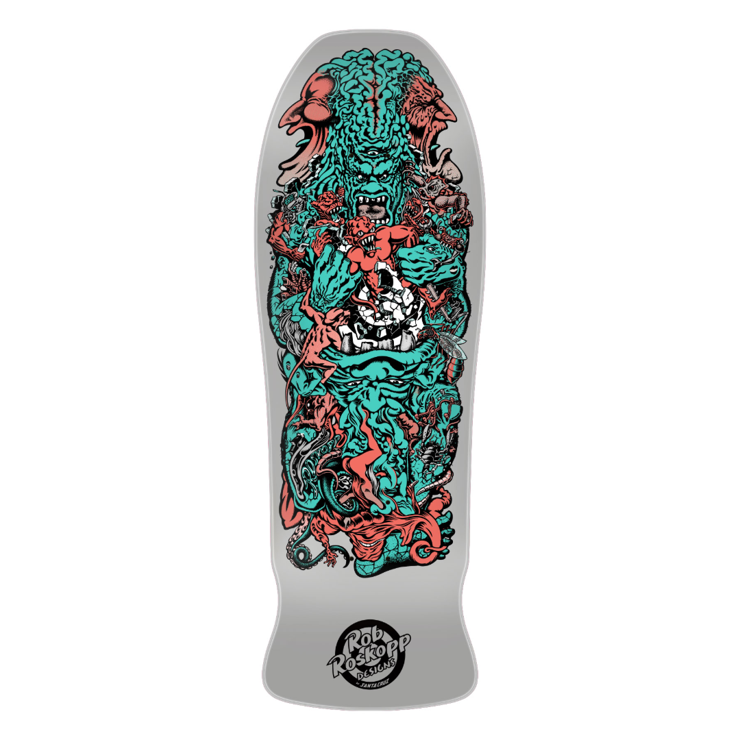 A long, narrow skateboard deck with a rounded nose and tail, featuring a highly detailed, colorful graphic of a monstrous creature in teal and red with a skull motif, on a light gray base. The 'Rothco' brand logo is visible in a circular emblem near the tail.