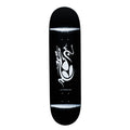Black skateboard deck with white logo on a light gray background