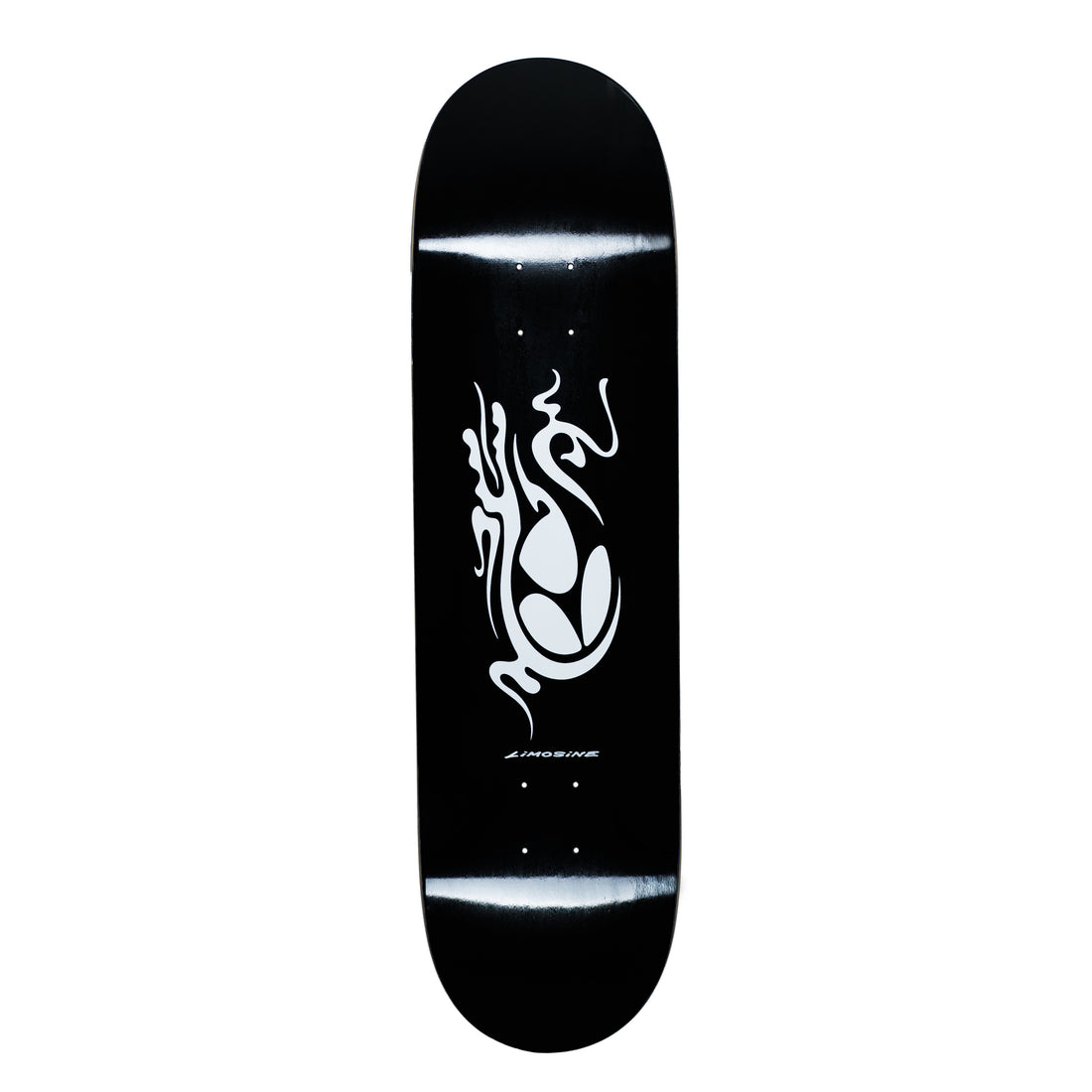 Black skateboard deck with white logo on a light gray background