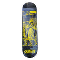 A skateboard deck with a black background and a bold yellow graphic of a hooded skeleton, photographed flat on a gray concrete surface. The brand name 'Overcast Skate Shop' is printed in yellow at the bottom.